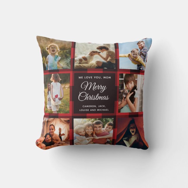Merry Christmas Mom Red Plaid Family Photo Collage Throw Pillow (Front)