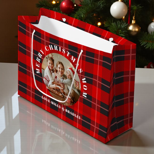 Merry Christmas Mom Red Plaid Personalized Photo Large Gift Bag (Creator Uploaded)