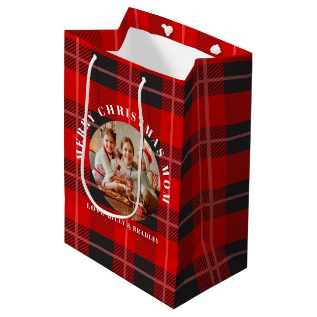 Merry Christmas Mom Red Plaid Personalized Photo Medium Gift Bag (Front Angled)