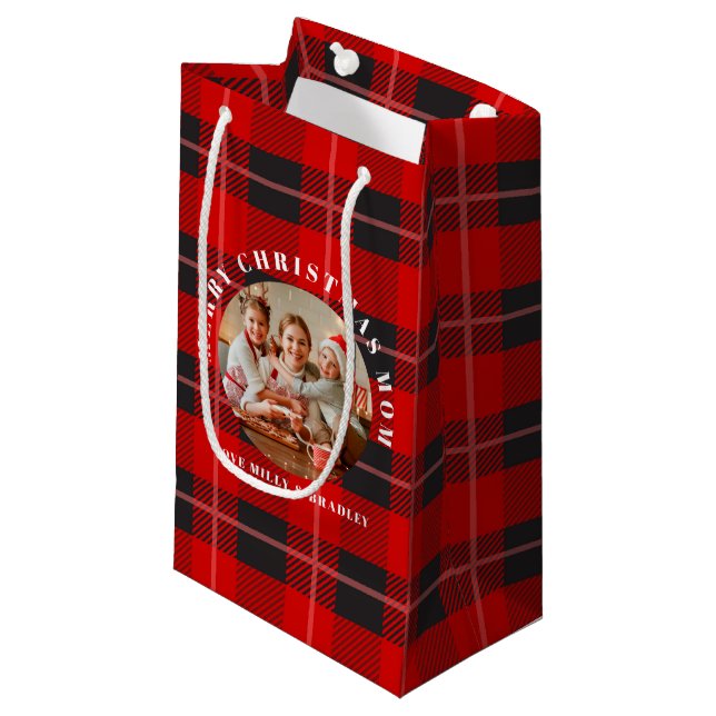 Merry Christmas Mom Red Plaid Personalized Photo Small Gift Bag (Front Angled)