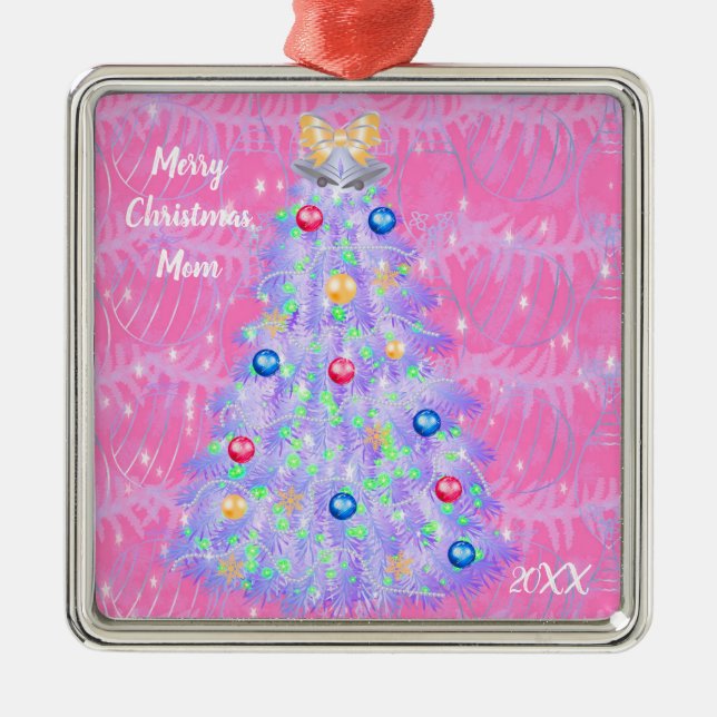 Merry Christmas Mom with Tree Metal Ornament (Front)