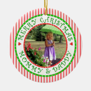Merry Christmas Mommy and Daddy Photo Candy Cane Ceramic Ornament