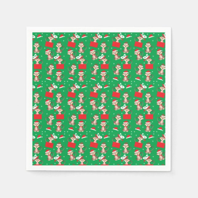 Merry Christmas Monkey Pattern Elf Santa Red Napkin (Front)
