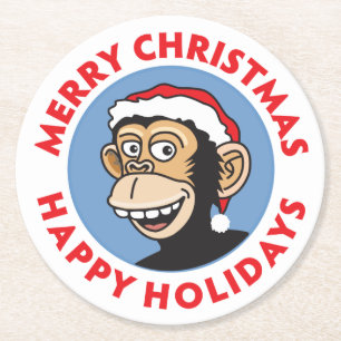 Merry Christmas Monkey Round Paper Coaster