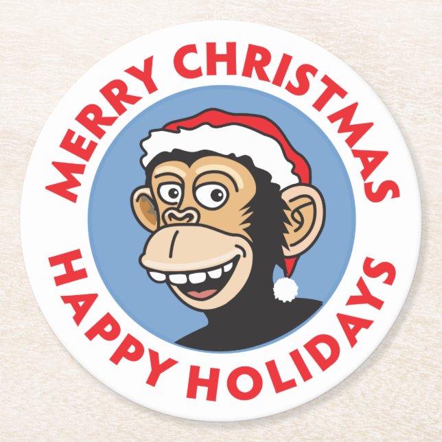 Merry Christmas Monkey Round Paper Coaster (Front)