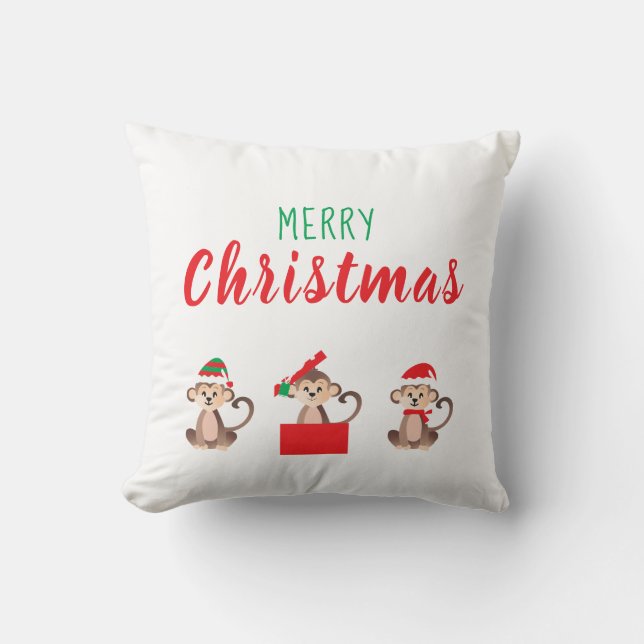 Merry Christmas Monkey Santa Elf Hat Throw Pillow (Front)