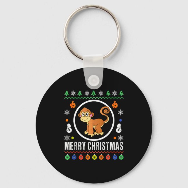 Merry Christmas Monkey Ugly Sweater Xmas Knit Tank Keychain (Front)