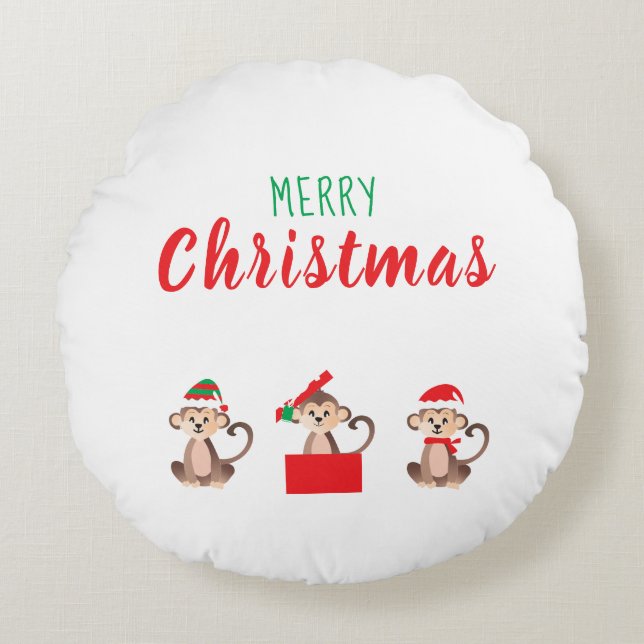 Merry Christmas Monkey Wearing Christmas Hat Round Pillow (Front)