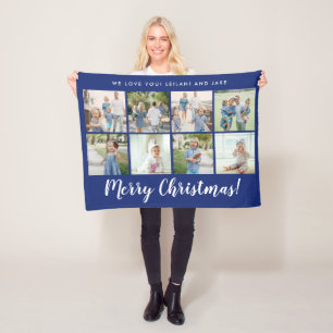 Merry Christmas Monogram Photo Collage Navy Fleece Blanket