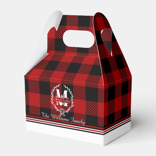 Merry Christmas Monogram Wreath Buffalo Plaid Favor Box (Front Side)