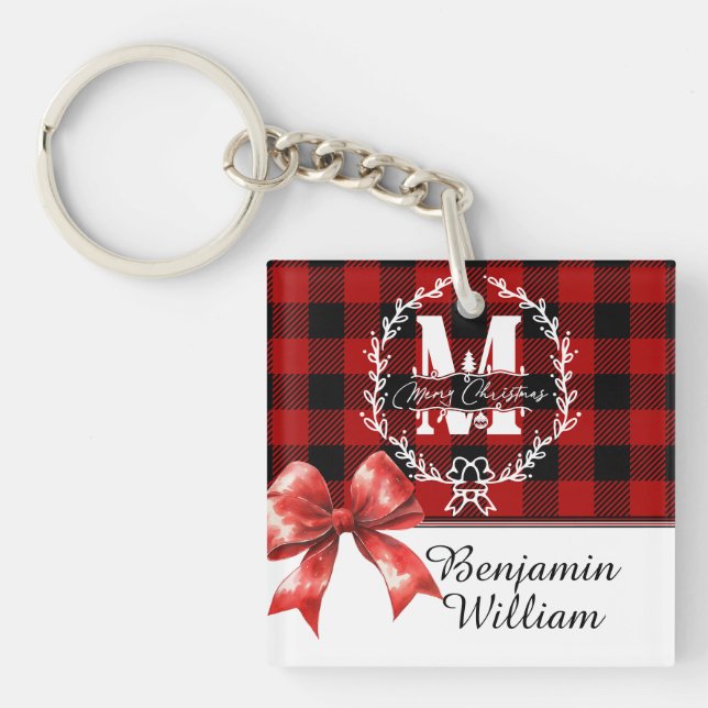 Merry Christmas Monogram Wreath Buffalo Plaid Keychain (Front)