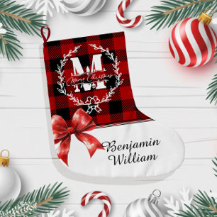 Merry Christmas Monogram Wreath Buffalo Plaid Large Christmas Stocking