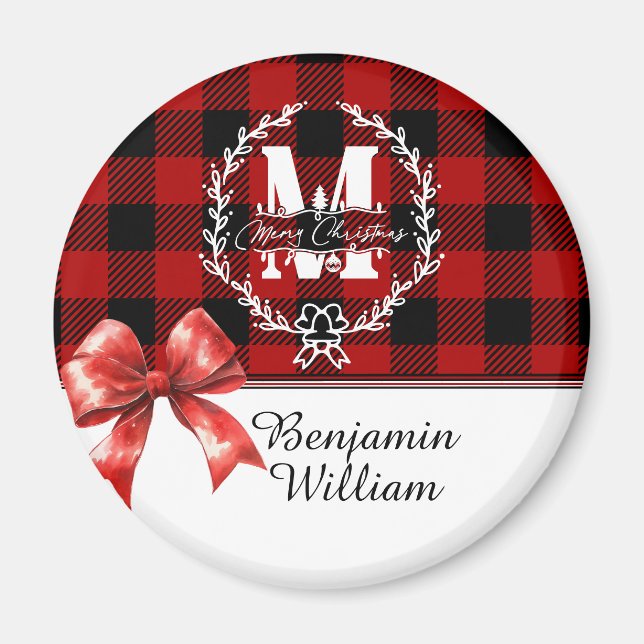 Merry Christmas Monogram Wreath Buffalo Plaid Magnet (Front)