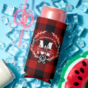 Merry Christmas Monogram Wreath Buffalo Plaid Seltzer Can Cooler