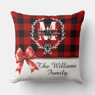 Merry Christmas Monogram Wreath Buffalo Plaid Throw Pillow