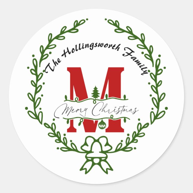 Merry Christmas Monogram Wreath Classic Round Sticker (Front)
