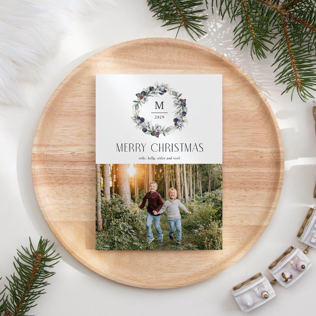 Merry Christmas Monogram Wreath Holiday Card (Creator Uploaded)