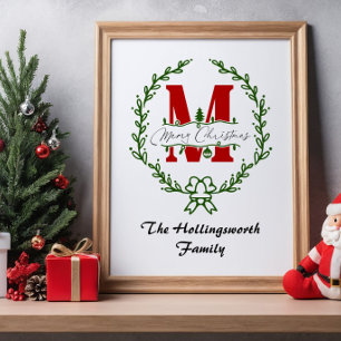 Merry Christmas Monogram Wreath Personalize Poster