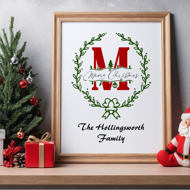 Merry Christmas Monogram Wreath Personalize Poster (Creator Uploaded)