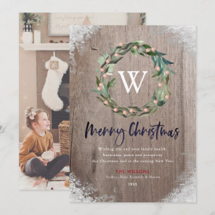 Merry Christmas Monogram Wreath Wood Photo Card