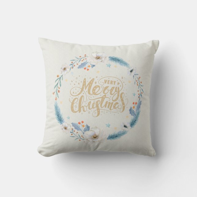 Merry Christmas Monogrammed Wreath Throw Pillow (Front)