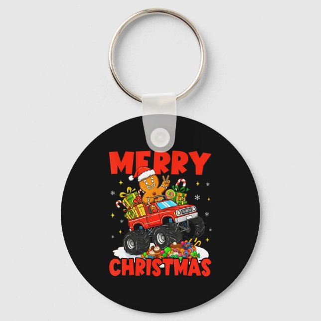 Merry Christmas Monster Truck Funny Gingerbread Me Keychain (Front)