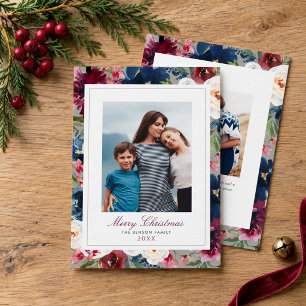 Merry Christmas Moody Watercolor Floral Photo Holiday Card