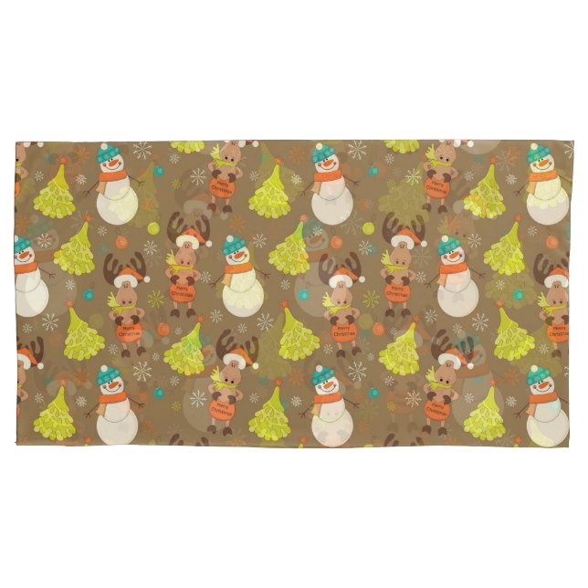Merry Christmas Moose And Snowman Pillowcase (Front-Left)