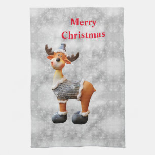 Merry Christmas moose wearing a hat           Kitchen Towel