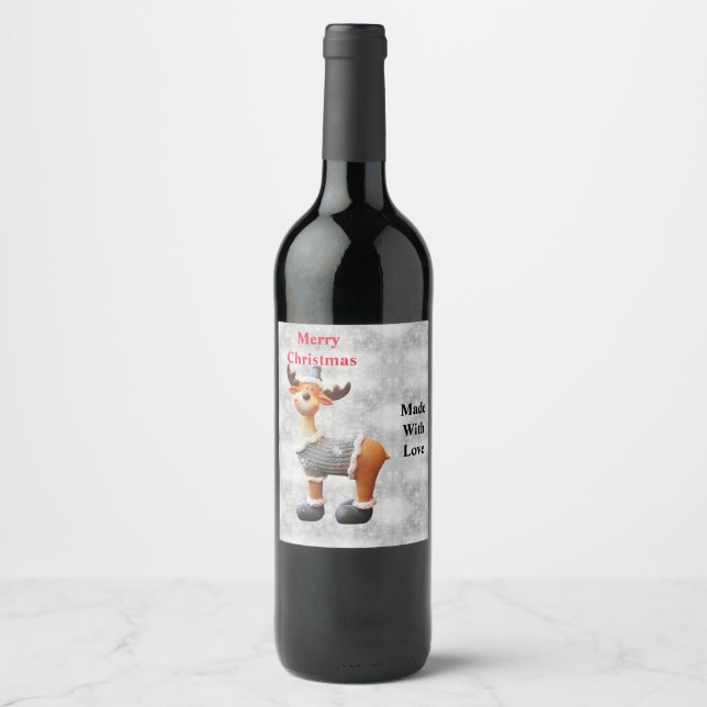 Merry Christmas moose wearing a hat          Wine Label (Front)