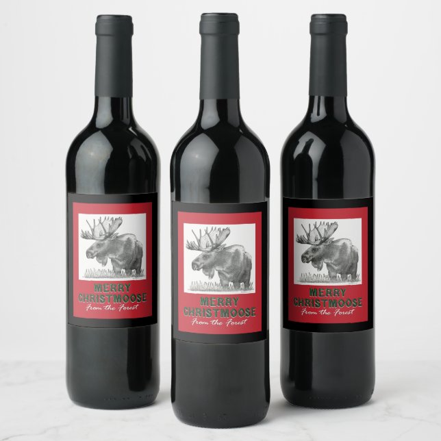 Merry Christmas MOOSE Wine Label (Bottles)