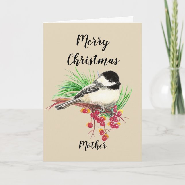 Merry Christmas Mother Watercolor Chickadee Art Holiday Card (Front)