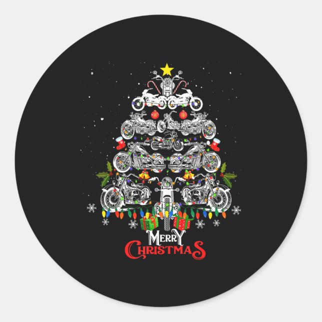 Merry Christmas Motorcycle Tree Christmas Lights B Classic Round Sticker (Front)