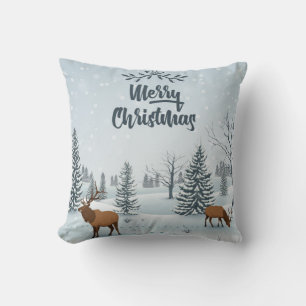 Merry Christmas Mountain Deer Throw Pillow