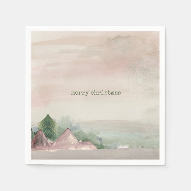 Merry Christmas Mountain Watercolor  Napkin (Front)