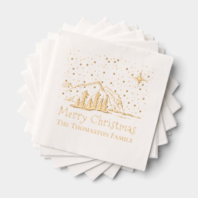 Merry Christmas Mountains Trees Family Name Foil Napkins (Insitu (Stacked))