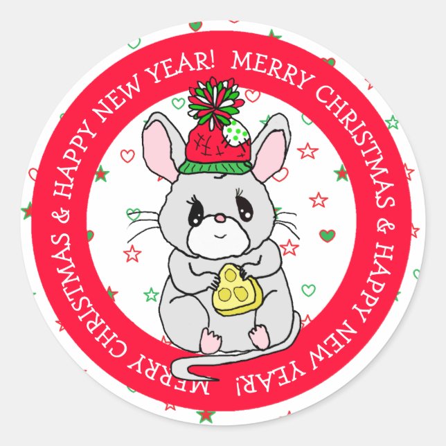 Merry Christmas Mouse with Cheese Holiday Classic Round Sticker (Front)