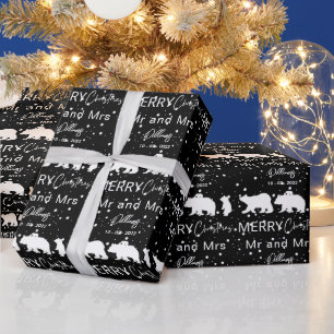 Merry Christmas Mr & Mrs Polar Bear Family Black Wrapping Paper