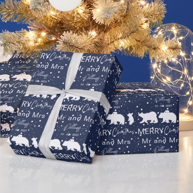 Merry Christmas Mr & Mrs Polar Bear Family Wrapping Paper (Holidays)