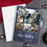 Merry Christmas multi family photo rustic winter Holiday Card<br><div class="desc">Rustic modern Merry Christmas handwritten calligraphy script six family photo collage navy white barn wood string lights holiday card with your custom personalized text on both sides.</div>