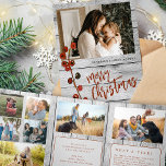 Merry Christmas multi photo family rustic wood Tri-Fold Holiday Card<br><div class="desc">Rustic country style Merry Christmas red brushed script family year in review 8 photo collage gallery grey grey barn wood holiday card with your custom personalized text.</div>