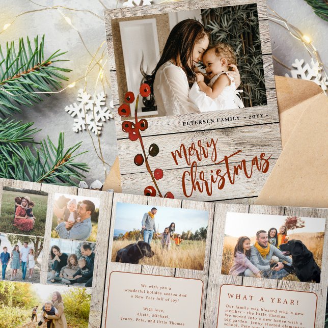 Merry Christmas multi photo family rustic wood Tri-Fold Holiday Card (Creator Uploaded)