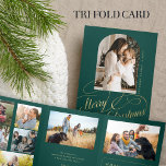 Merry Christmas multi photo family year in review  Tri-Fold Holiday Card<br><div class="desc">Modern stylish Merry Christmas faux gold classic calligraphy script family year in review 8 photo collage gallery green holiday card with your custom personalized text.</div>