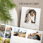 Merry Christmas multi photo family year in review  Tri-Fold Holiday Card<br><div class="desc">Modern stylish Merry Christmas faux gold classic calligraphy script family year in review 8 photo collage gallery clean white holiday card with your custom personalized text.</div>