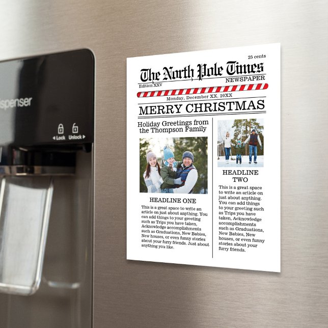 Merry Christmas Multi Photo Fun North Pole New  (Christmas photo magnetic card template with a newspaper print theme. )