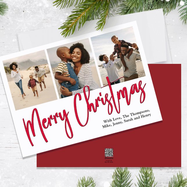 Merry Christmas Multi Photo Red Calligraphy Script Holiday Card (Merry Christmas holiday photo card with a calligraphy script and berry red design. )