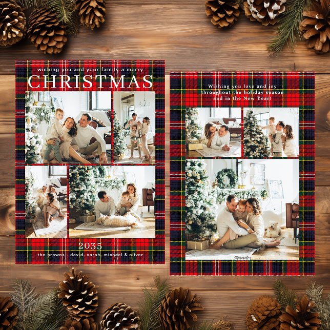 Merry Christmas Multi Photo Red Plaid Holiday Card (Creator Uploaded)