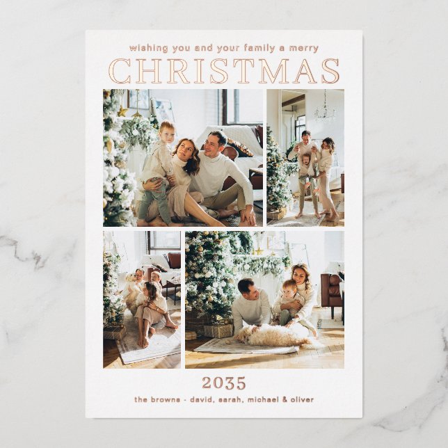 Merry Christmas Multi Photo Rose Gold  Foil Holiday Card (Front)