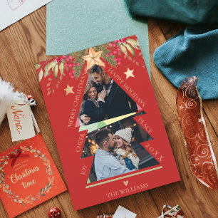 Merry Christmas Multi Photo Tree Red Holiday Card