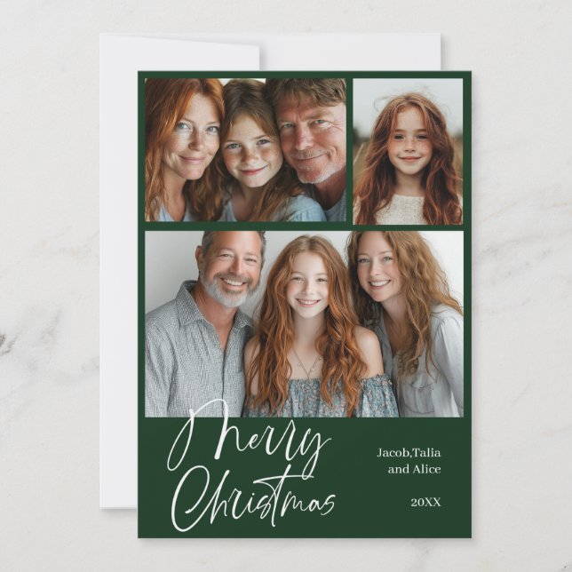 Merry Christmas Multi three photo Design Green Holiday Card (Front)